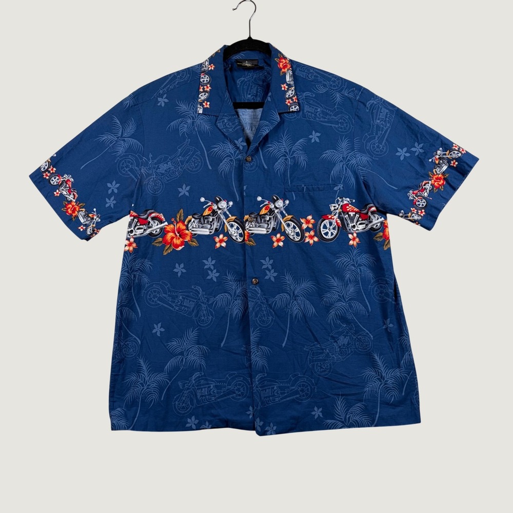 Royal Creations Motorcycle Hawaiian Shirt Mens Aloha Biker Cotton XL Blue Beach